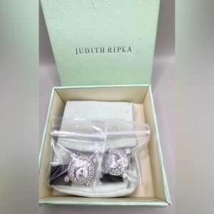 Judith Ripka Sterling Silver Clear Gem Clip On Earrings With Box And Pouch